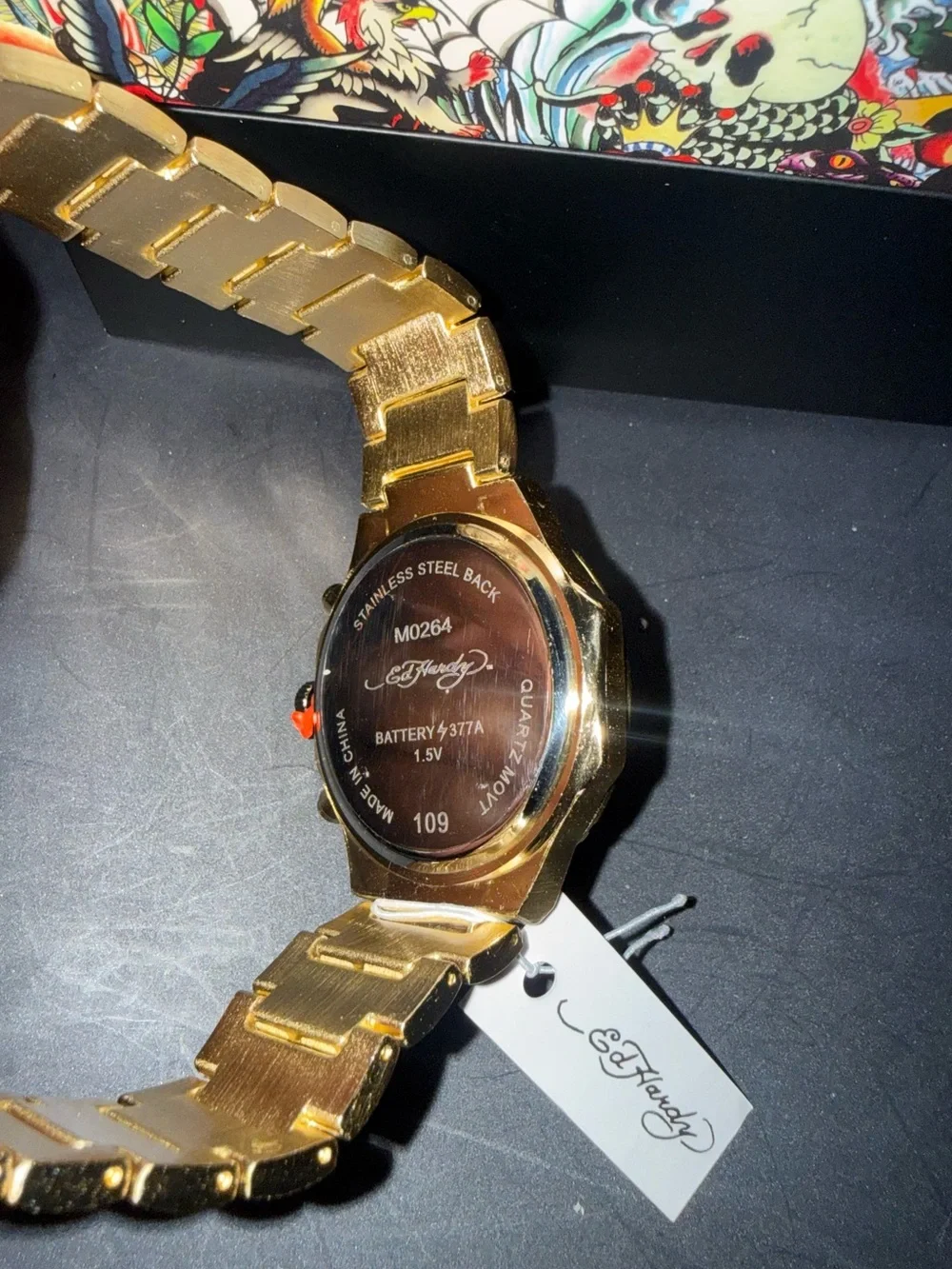 Ed Hardy Gold-tone Watch and Necklace Set with Black Dial